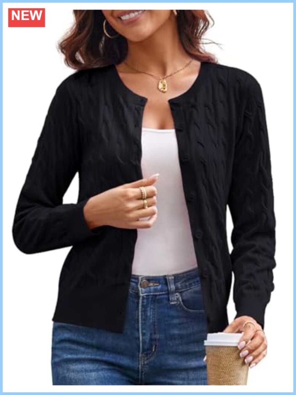 Cable Knit Button Up Cardigan Lightweight Cropped Sweater for Women